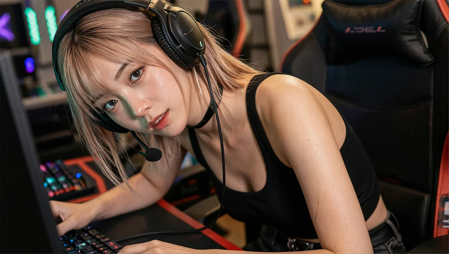 Fictional AI character with short blonde hair wearing a gaming headset with microphone, leaning over an RGB keyboard at a gaming desk