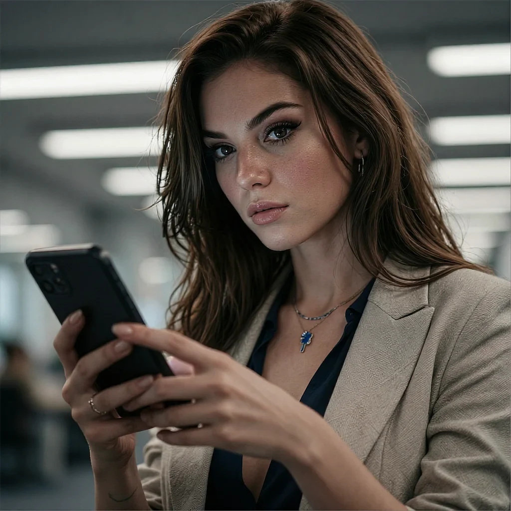 Fictional AI character with auburn hair in a beige blazer holding a smartphone in an office, shown on the ai porn generator page