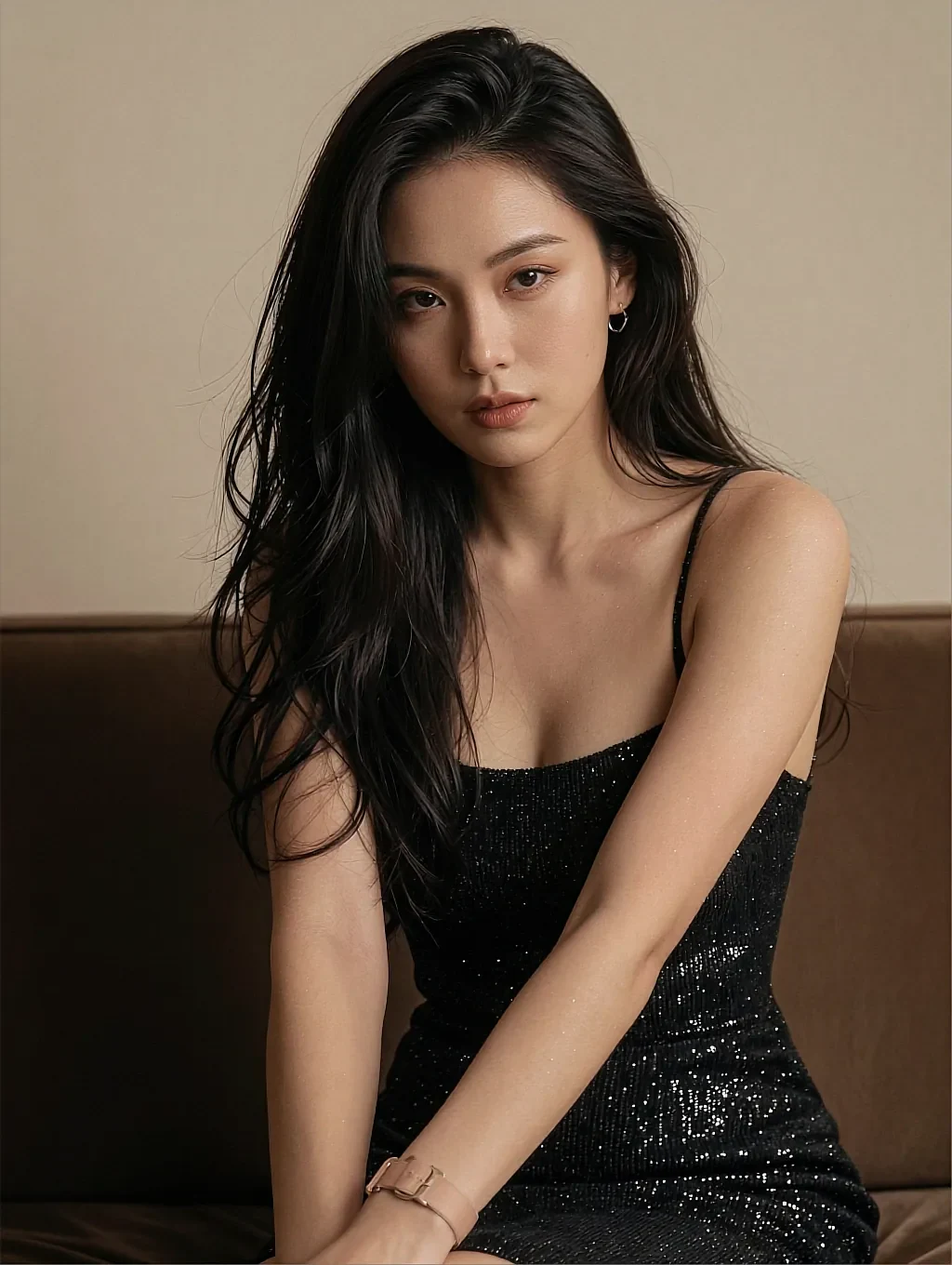 Fictional AI character with long black hair in a sparkly black spaghetti-strap dress seated on a brown leather sofa, shown on the custom porn maker page