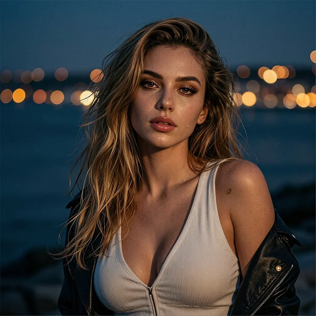Fictional AI character with sandy hair in a white zip top and a leather jacket at a night waterfront, shown on the custom porn maker page