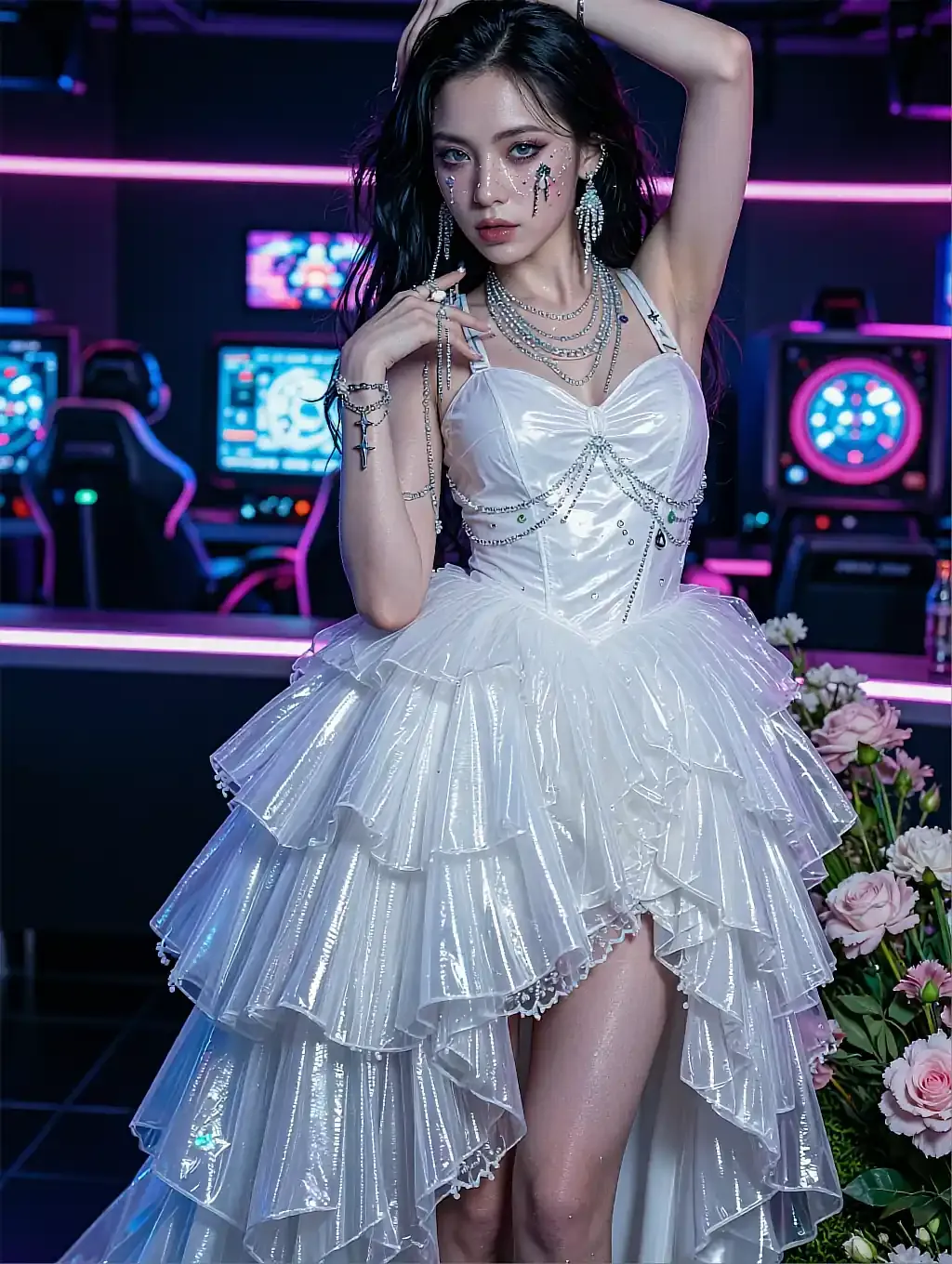 Fictional AI character with dark hair in a white layered tulle dress with crystal chains posing in a neon arcade with flowers, shown on the free ai porn maker page