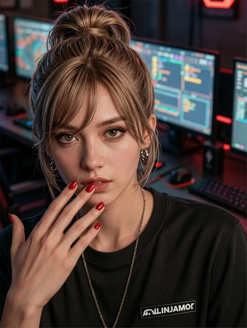 Fictional AI character with light brown hair in a messy bun and red nail polish in a black tee in front of computer monitors, shown on the free ai porn maker page