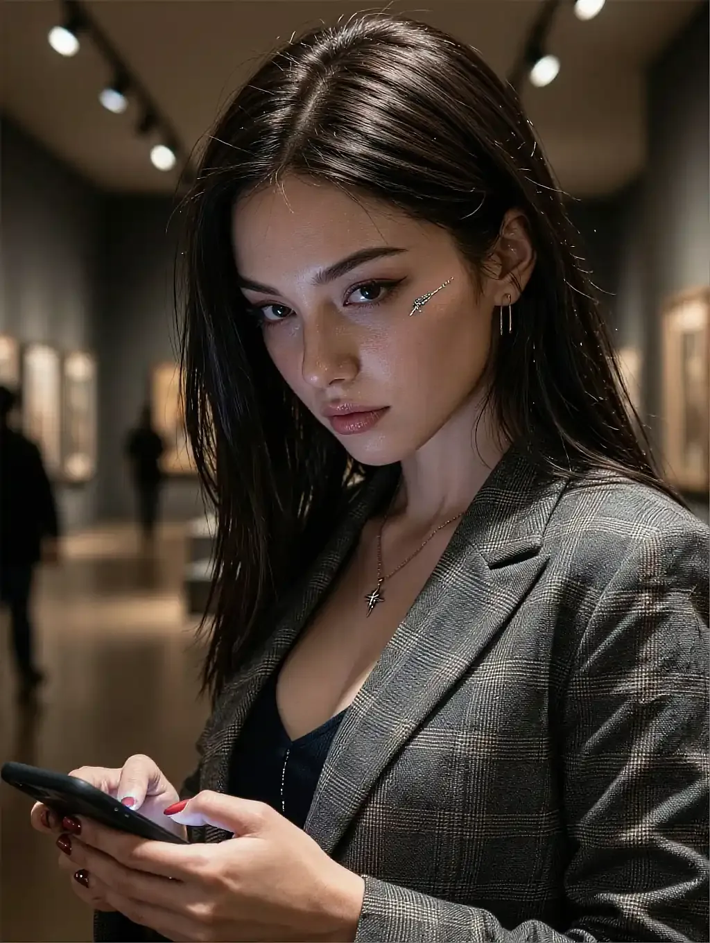 Fictional AI character with straight dark hair in a plaid blazer holding a phone in a dimly lit gallery hallway, shown on the free ai porn maker page