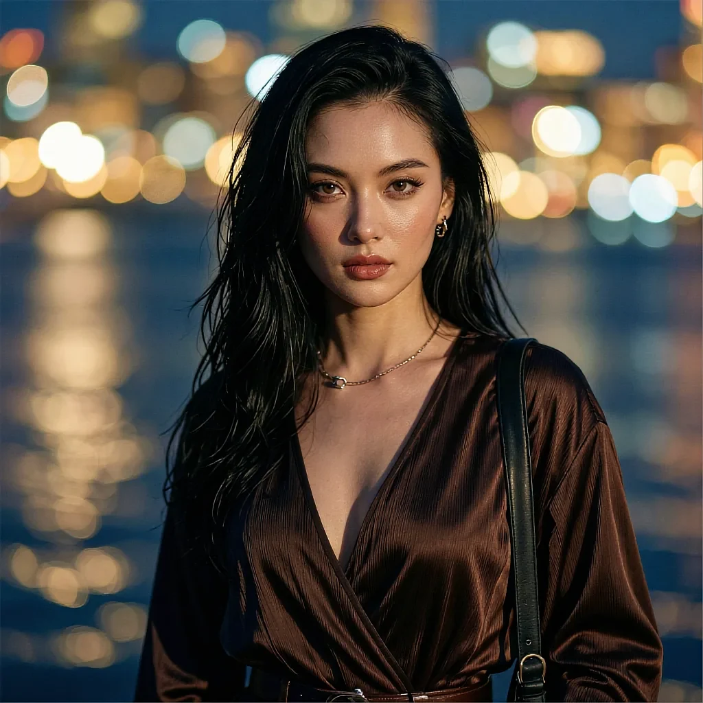 Fictional AI character with dark hair in a brown satin wrap blouse at a night waterfront with city reflections, shown on the free ai porn maker page