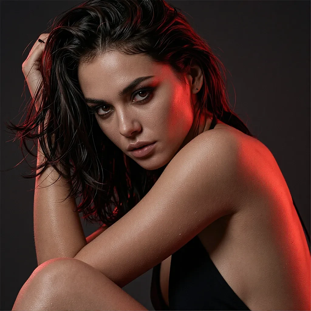Fictional AI character with short wet dark hair sitting in a curled pose under red side lighting on a dark studio background, shown on the ai porn creator online page